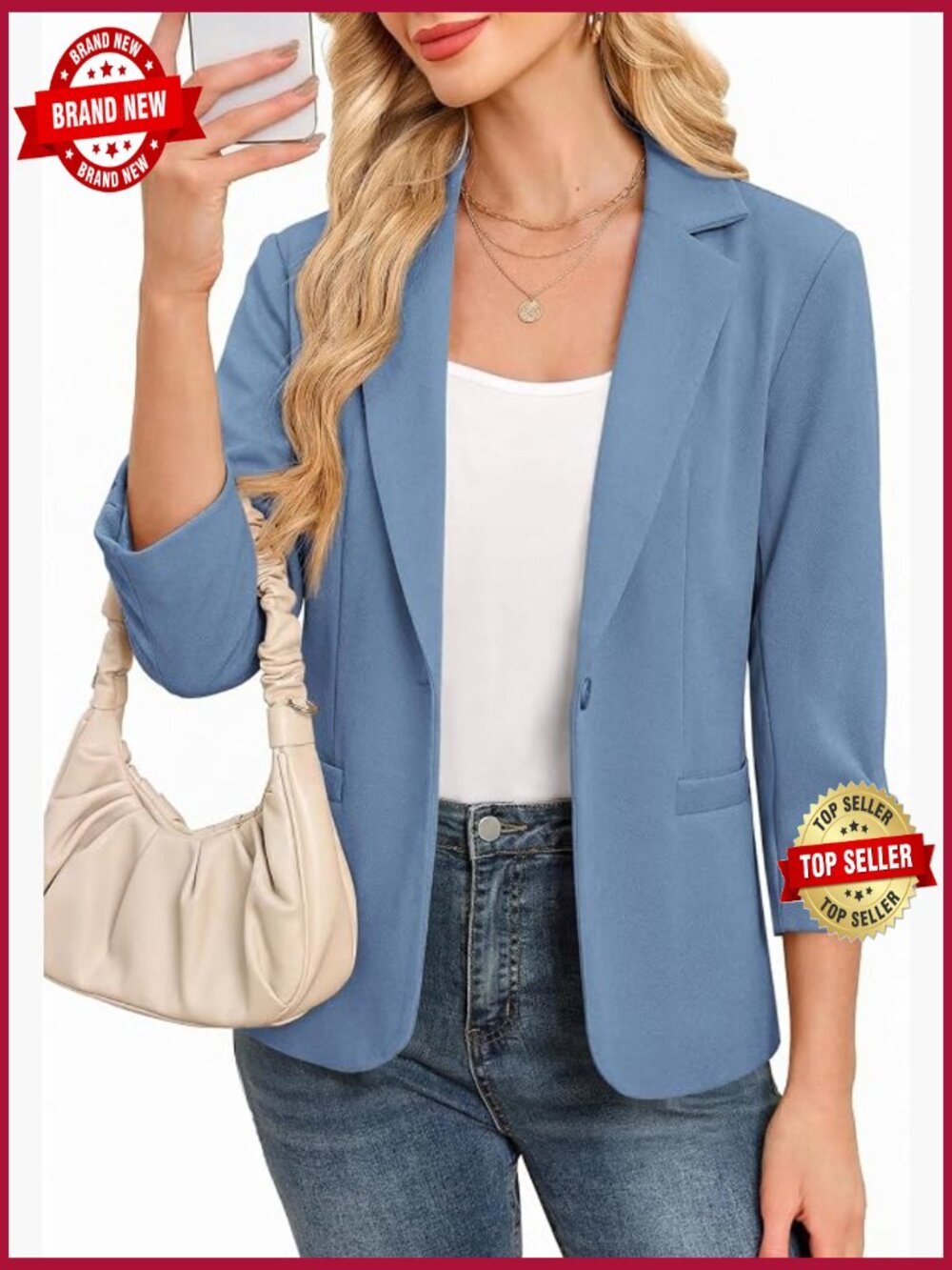Ruched 3/4 Sleeve Blazer - Lightweight, Fully Lined, Business Casual
